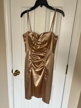 Betsy Adam Satin Ruched Mini Dress in Bronze